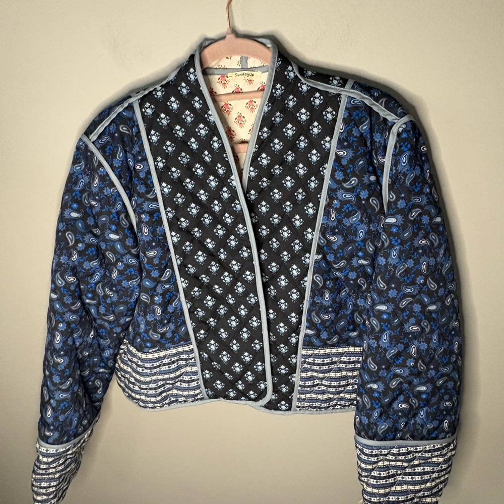 Quilted Paisley Blue Cropped Jacket - Picture 5 of 7